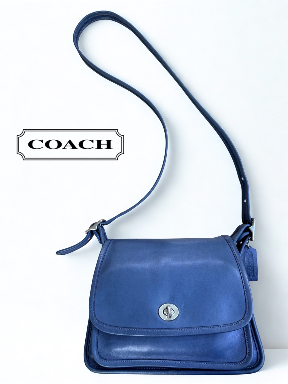 Vintage Coach Cornflower Blue Leather Rambler's Legacy Crossbody Bag 9061